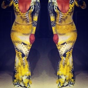 Black & Yellow Print Maxi Gown